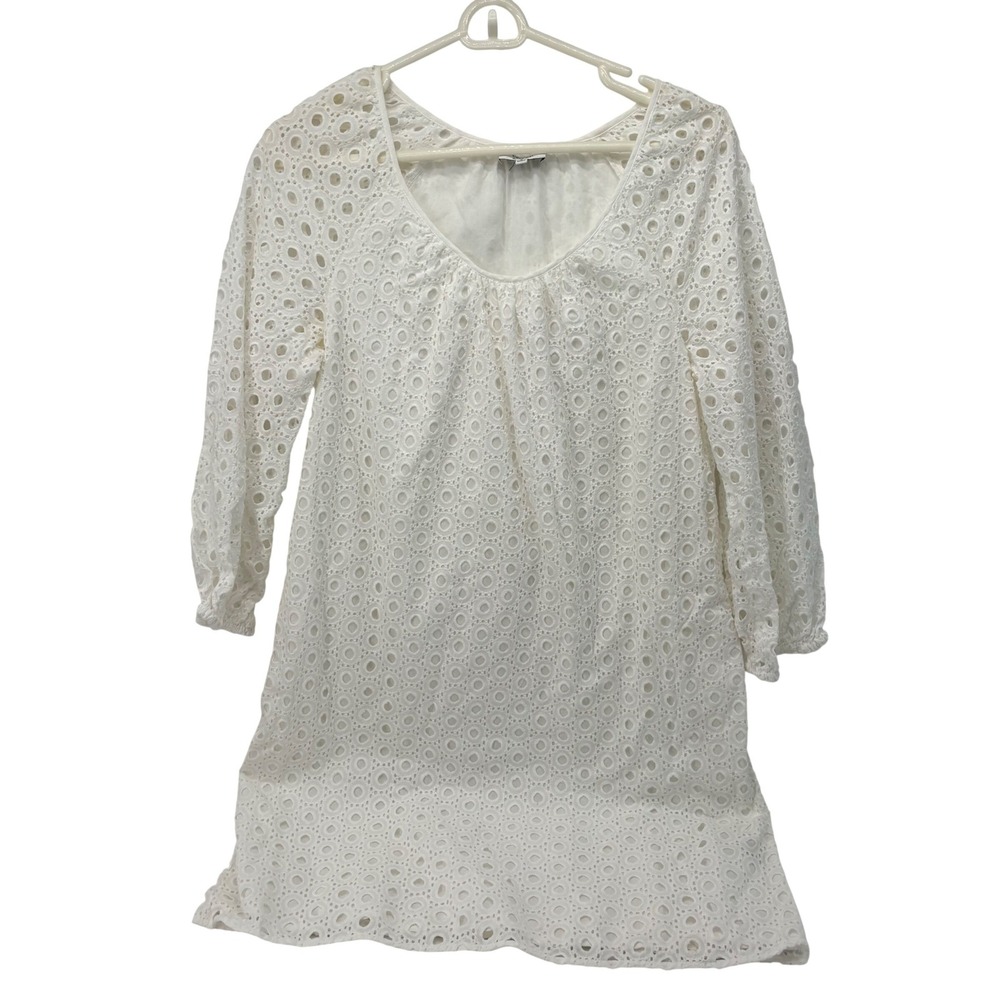 Crown & Ivy White Eyelet Cotton Shift Dress 3/4 Sleeve Size 8